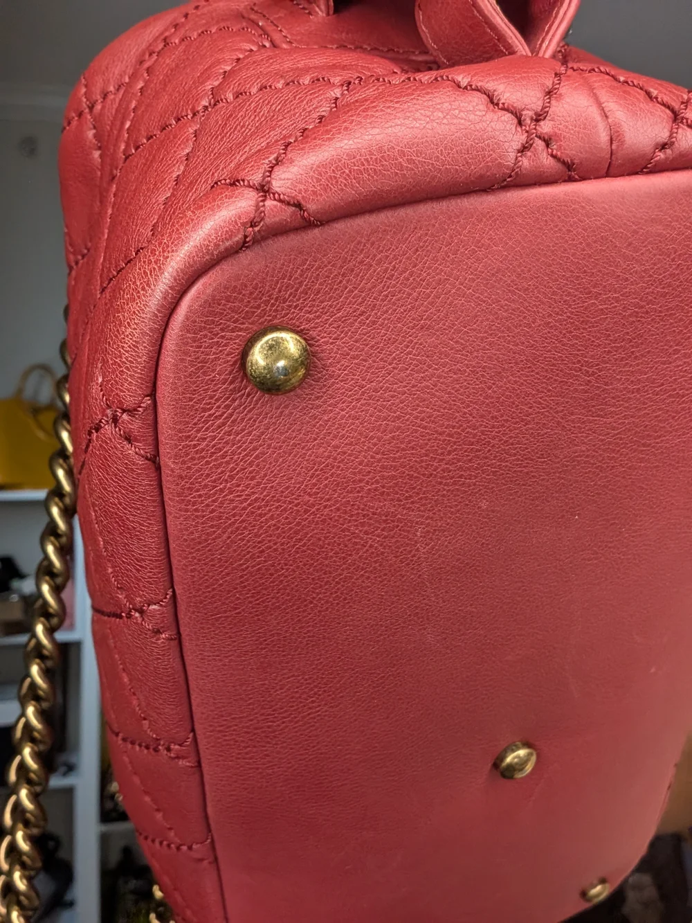 Chanel CC 2 way top handle Quilted Red Shoulder Handbag with bronze Chain